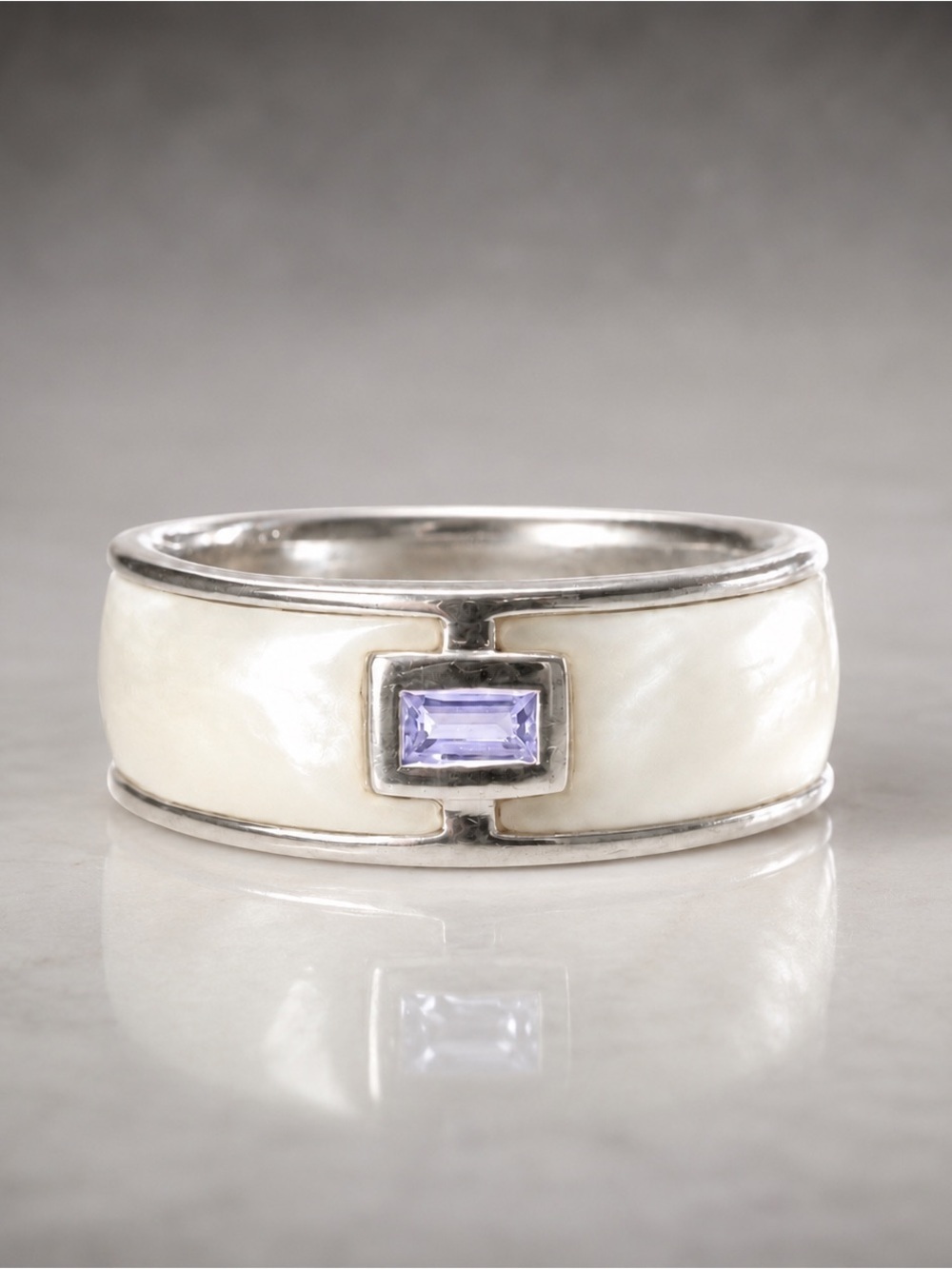 BBJ Ring Sterling Silver Mother of Pearl w/ Purple Baguette Stone 6.5 Vintage 🔥